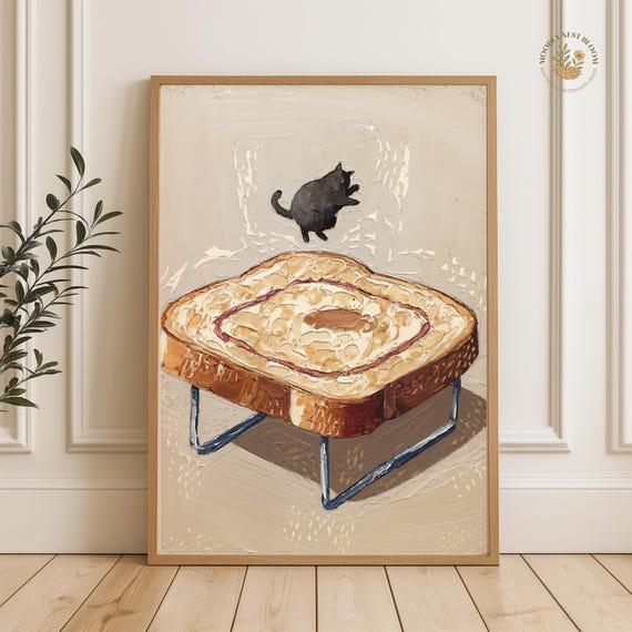 Black Cat Toast Trampoline Print Funny Kitchen Wall Art