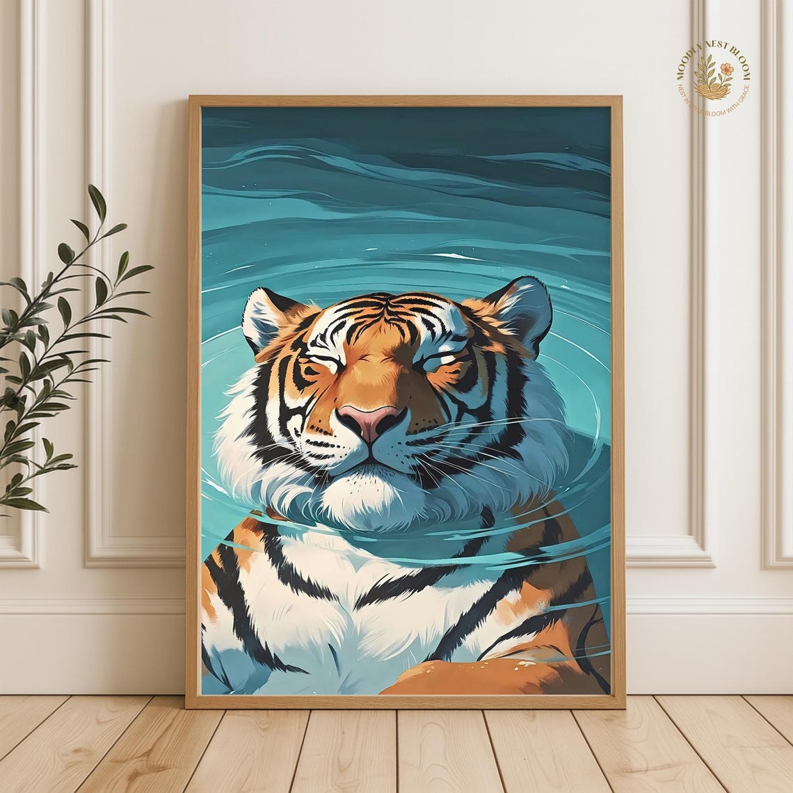 Majestic Tiger Swimming Through Teal Water Wildlife Wall Art