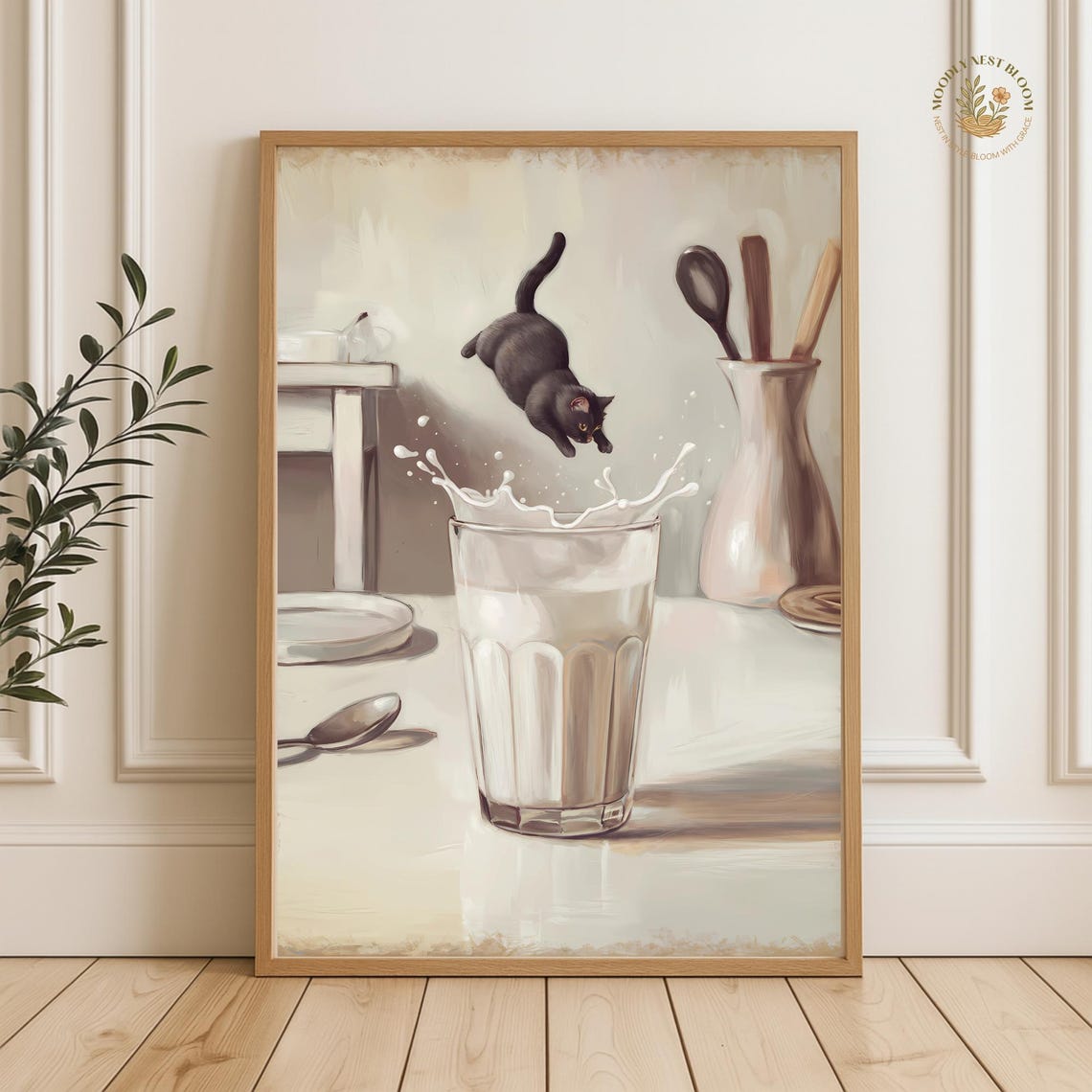 Black Cat Milk Dive Print Funny Kitchen Wall Art