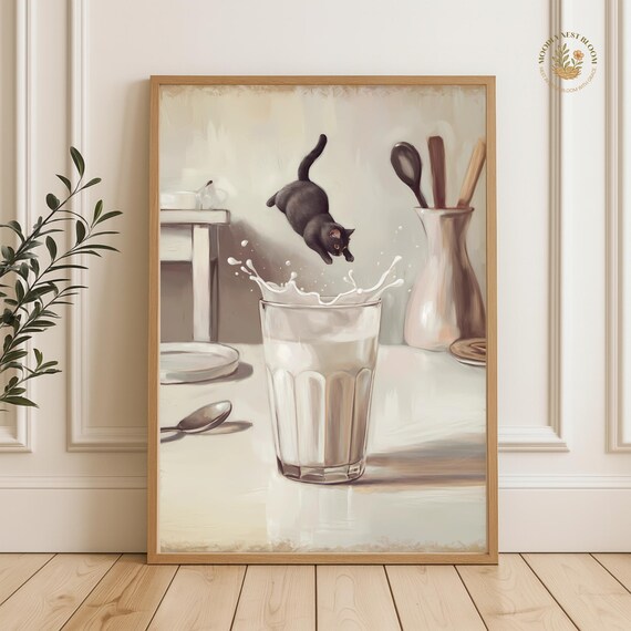 Funny Black Cat Diving Headfirst Into A Tall Glass Of Milk Poster