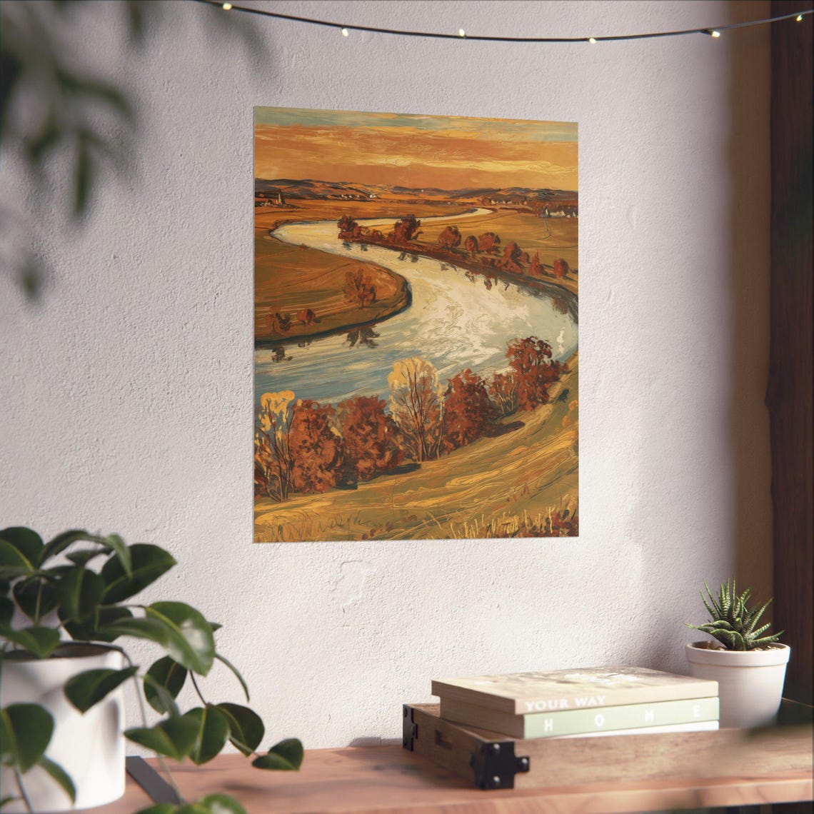 Golden Autumn River Bend Winding Stream Landscape Oil Poster Art