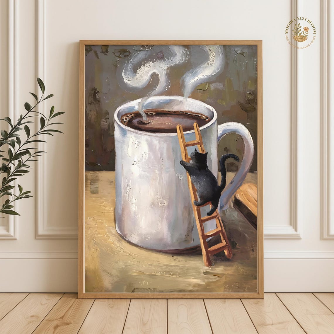 Black Cat Coffee Mug Print Funny Kitchen Wall Art