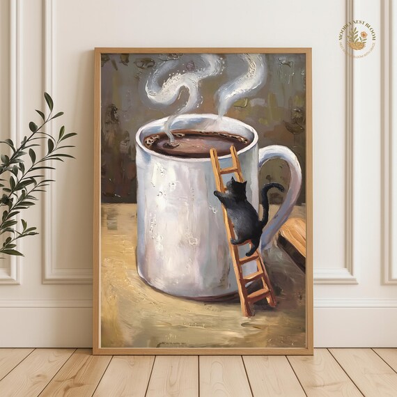 Black Cat Climbing a Ladder into a Giant Coffee Mug Art Poster