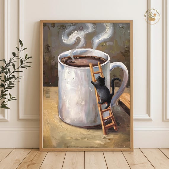 Black Cat Coffee Mug Print Funny Kitchen Wall Art
