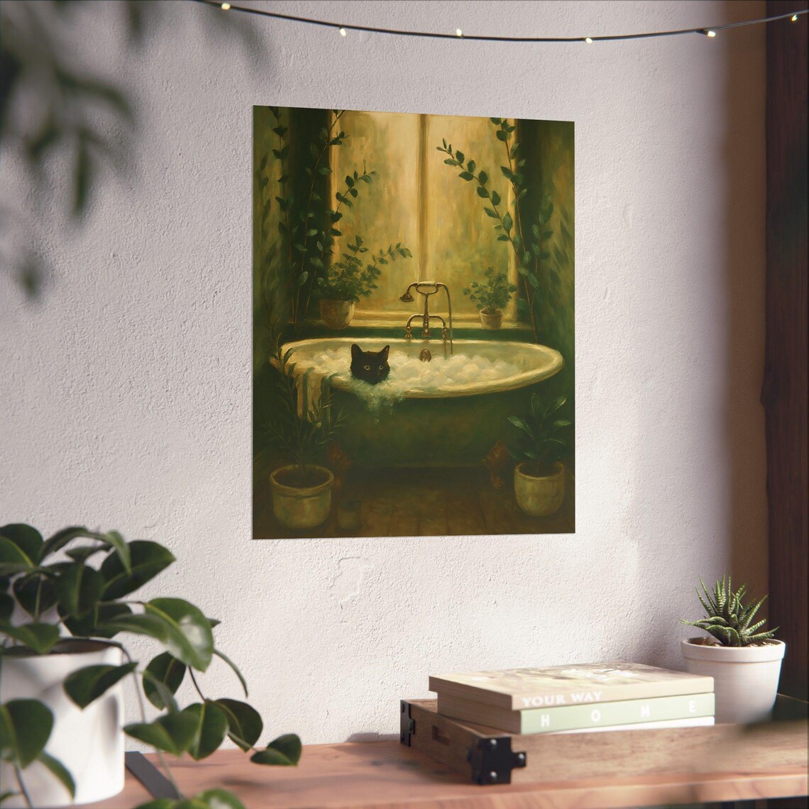 Black Cat Bubble Bath Vintage Bathroom Art Print