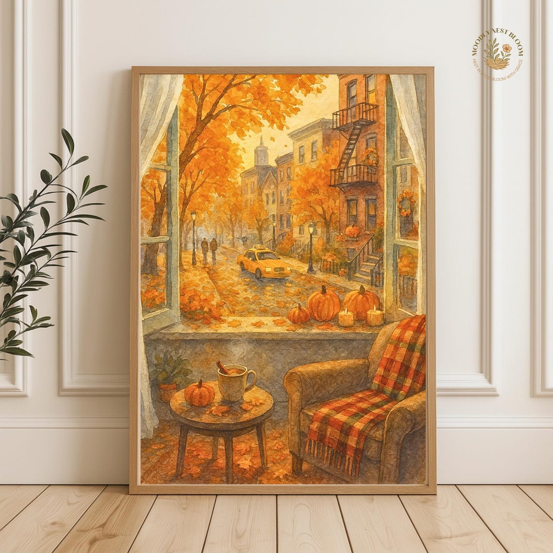 Autumn Window Cozy Armchair Coffee Pumpkin Fall Street Art Poster
