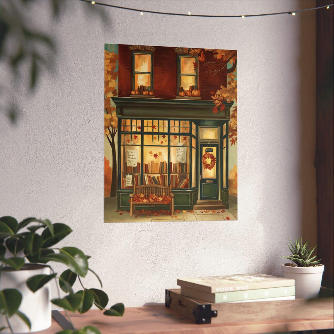Cozy Autumn Bookstore Glowing Windows Falling Leaves Book Lover Poster