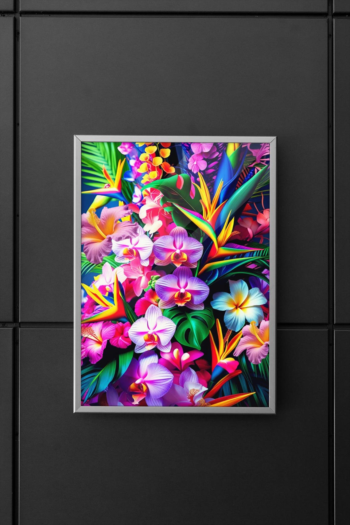 Maximalist Neon Tropical Orchid And Hibiscus Bouquet Floral Poster