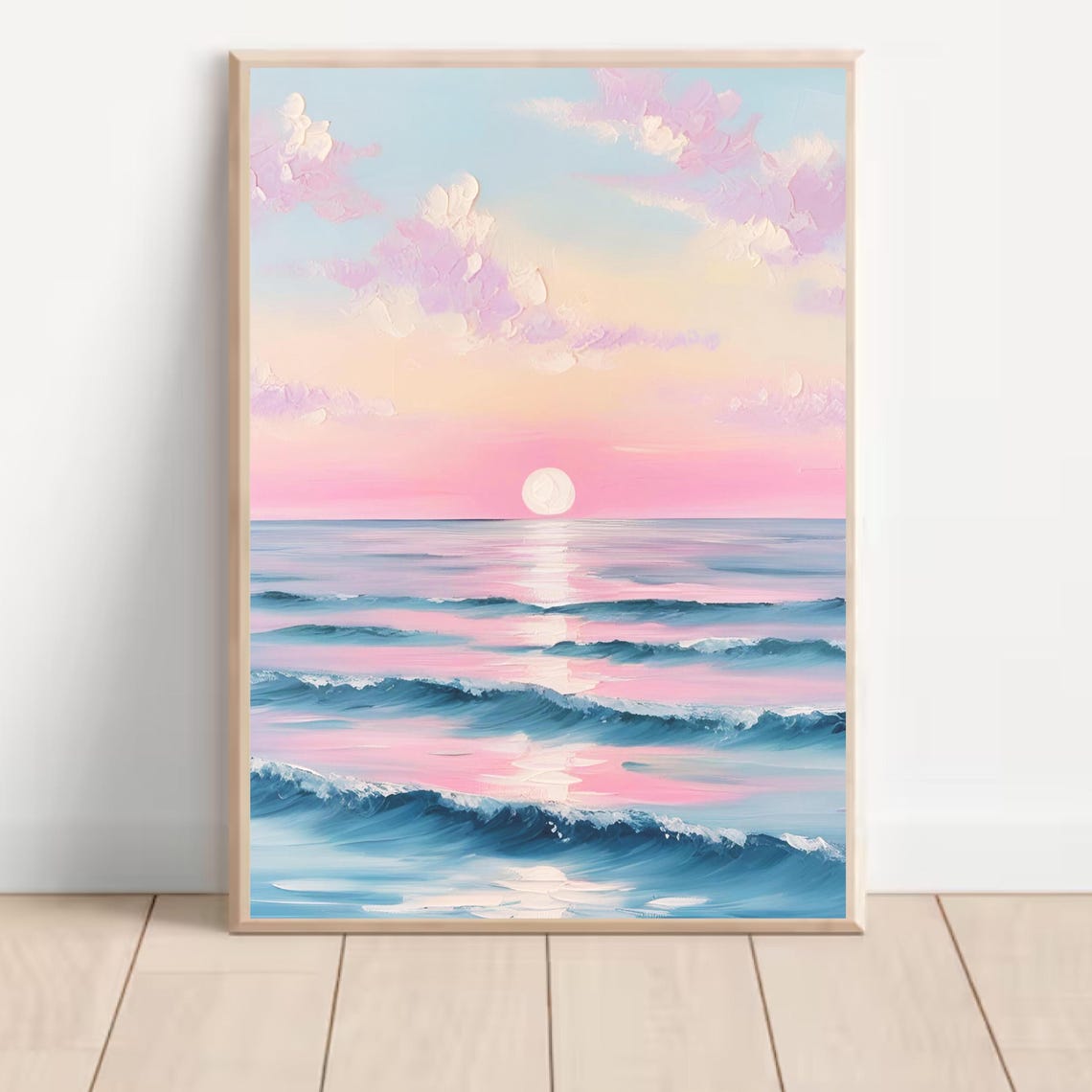 Pastel Pink and Blue Ocean Sunrise Rolling Waves Coastal Art Poster