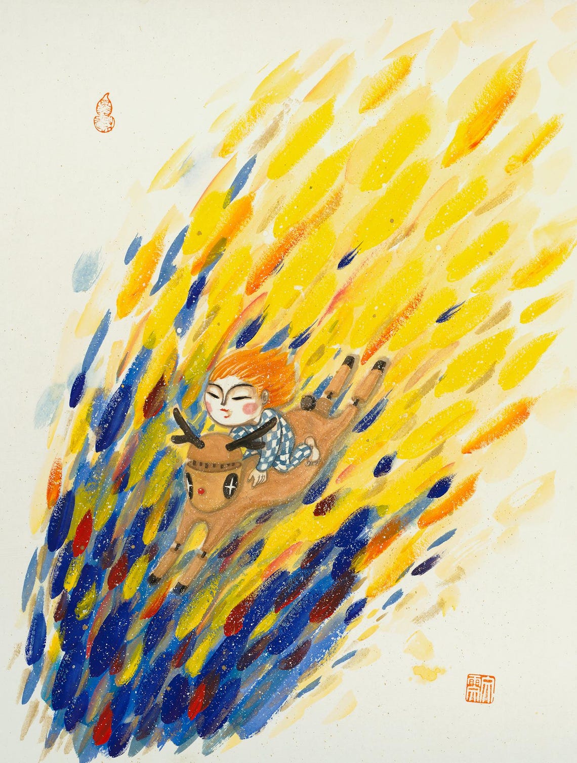 Red Haired Child Riding Deer Autumn Brush Art Adventure Poster