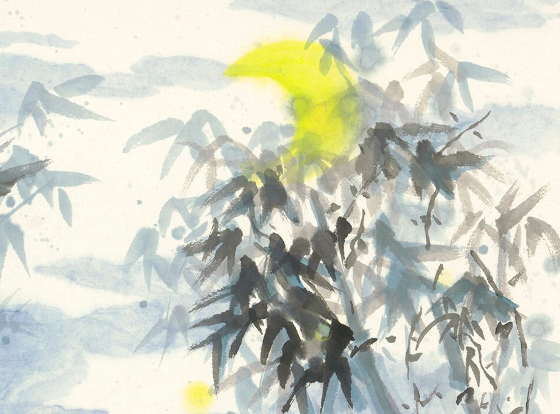 Kids Dancing Bamboo Forest Fireflies Ink Wash Art Nighttime Poster - Image 3