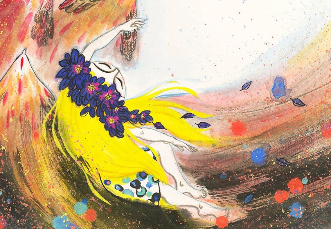 Girl and Birds in Sky, Chinese Painting Art Print - Image 4