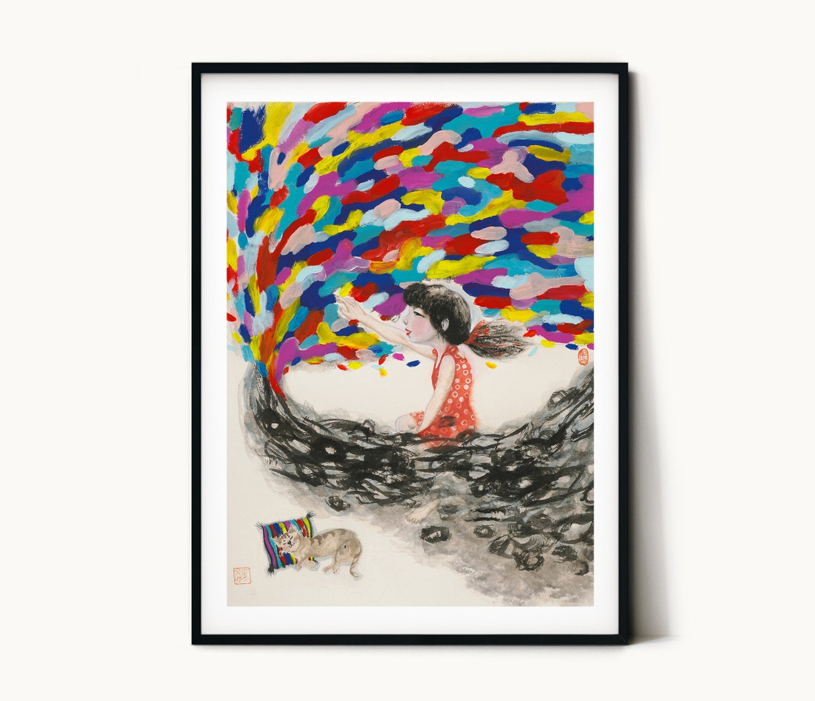 Art Print Girl And Colorful World Print Chinese Ink Painting Print Happy Child And Cat Kid Room Wall Decor Nursery Room Decor Wall Art