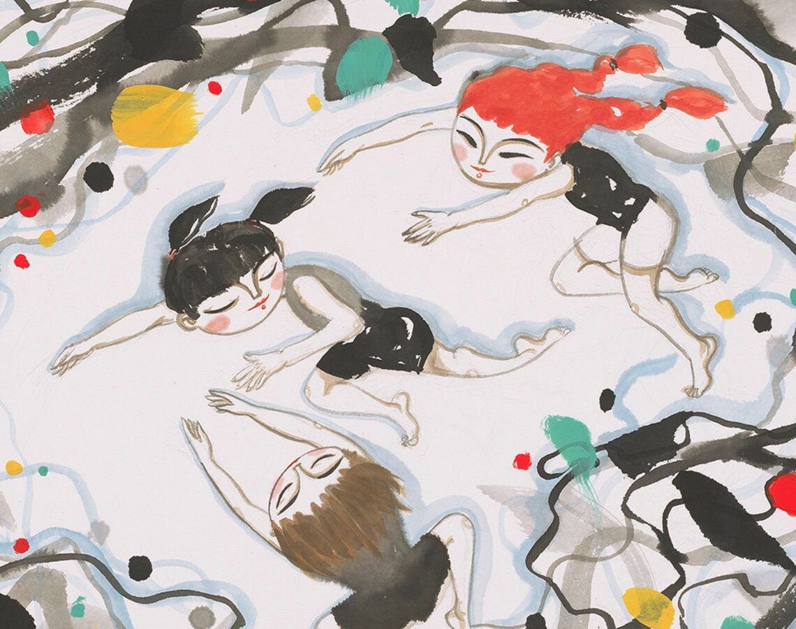 Three Kids Swimming Colorful Chinese Ink Splash Art Nursery Poster - Image 4