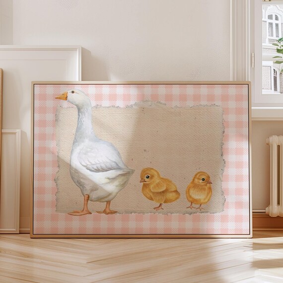Goose and Two Chicks Pink Gingham Mother Goose Nursery Poster