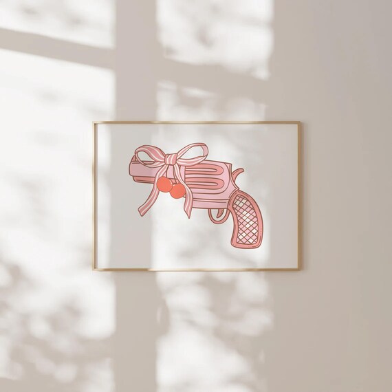 Girly Pink Cowgirl Revolver Bow Cherries Cute Western Wall Art
