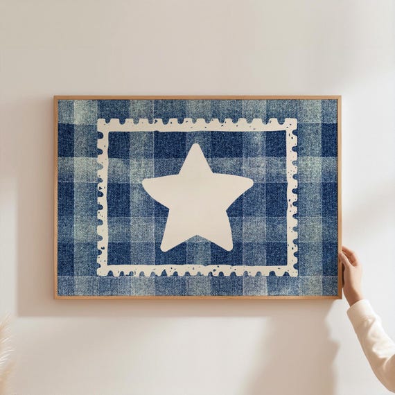 Retro Star Wall Art Trendy Decor Preppy Funky Navy Blue Poster Vintage Stamp Bar Cart Print College Dorm