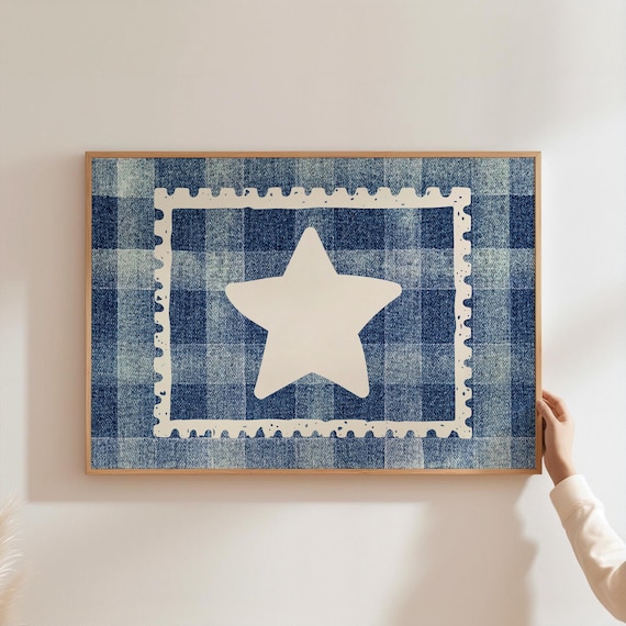 Vintage Navy Gingham White Star Stamp Style Americana Poster