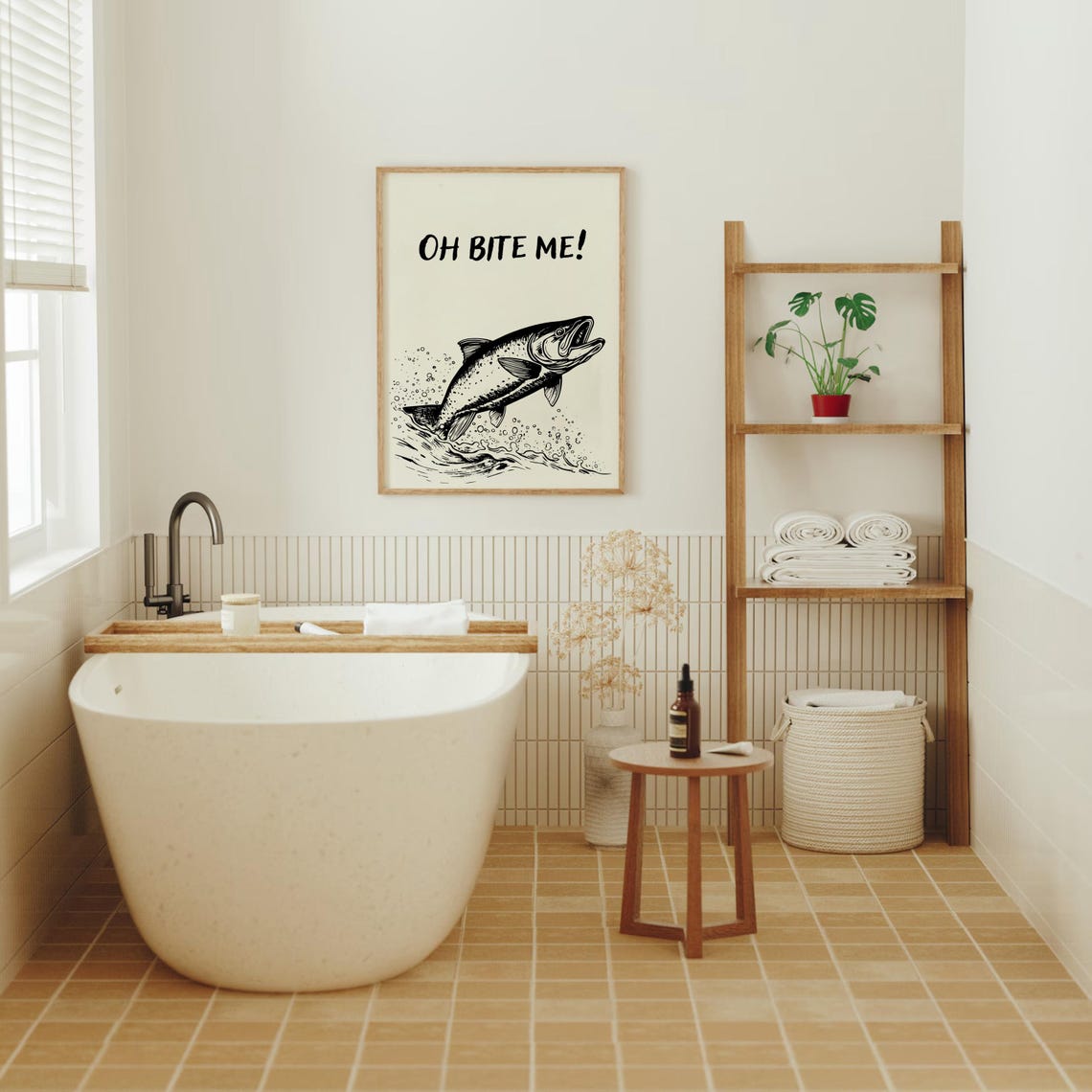 Oh Bite Me Leaping Trout Vintage Fish Illustration Funny Poster - Image 3