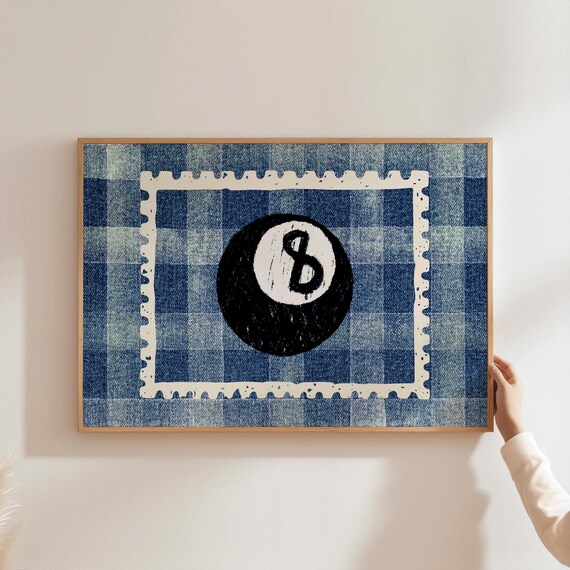 Retro 8 Ball Navy Gingham Stamp Style Vintage Game Room Poster