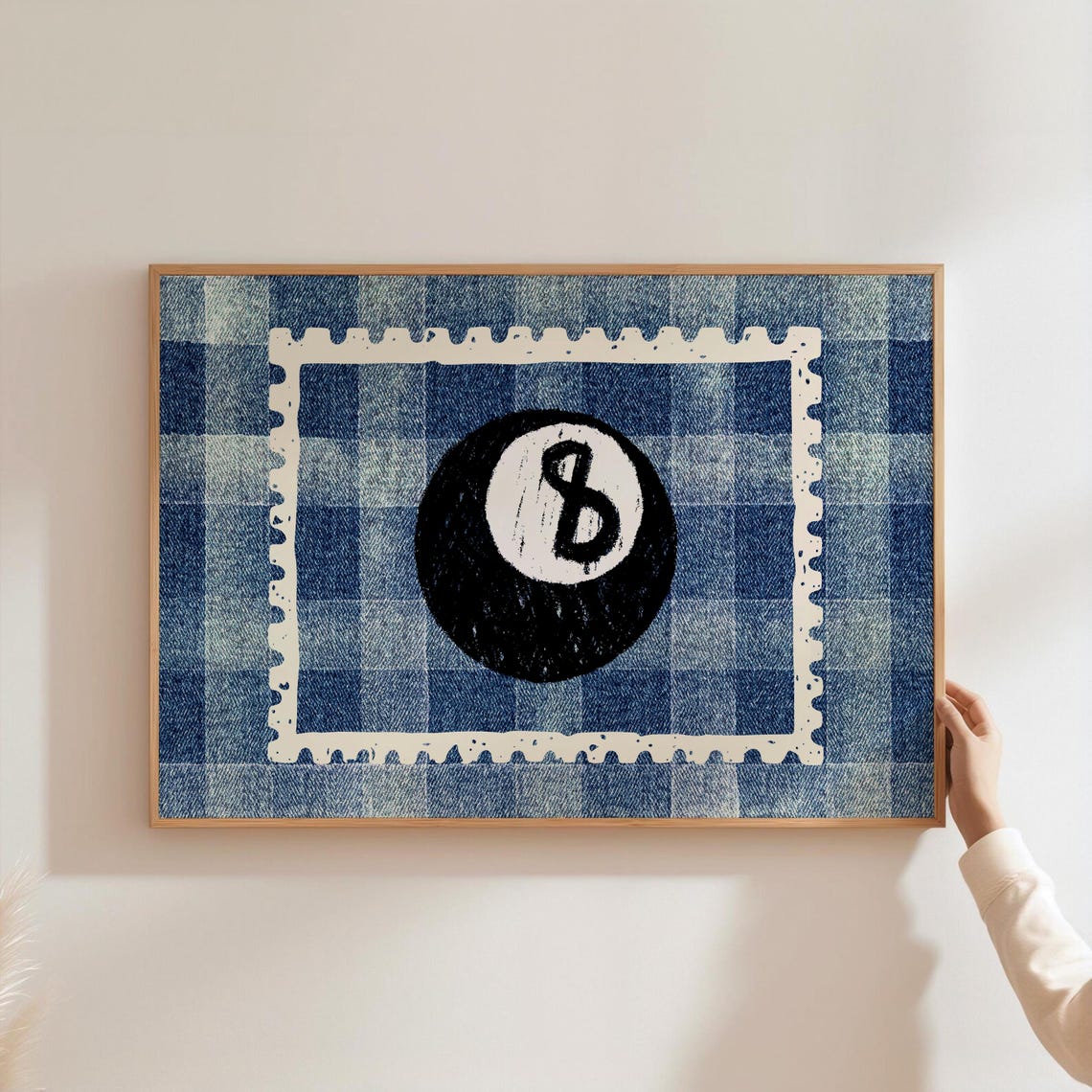 Retro 8 Ball Navy Gingham Stamp Style Vintage Game Room Poster