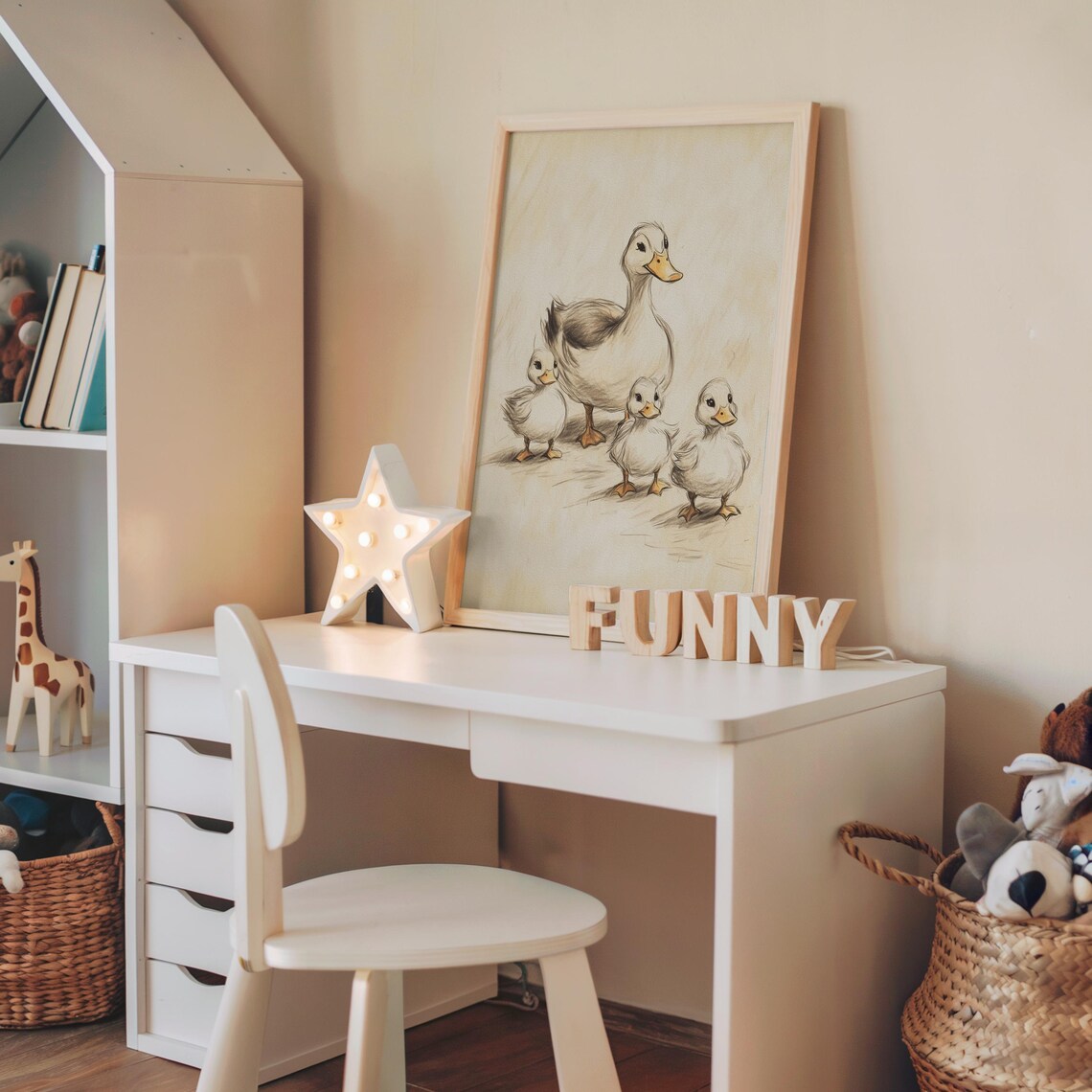 Nursery Mother Duck With Ducklings Beige Sketch Kids Room Animal Poster - Image 5