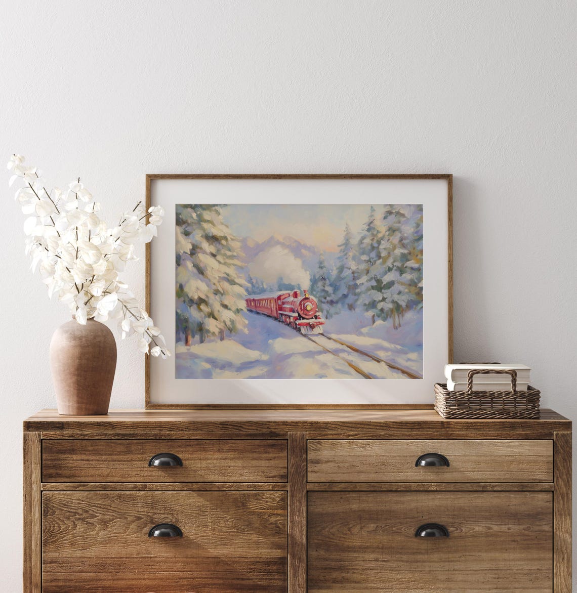 Christmas Train Red Steam Engine Snowy Pine Forest Holiday Art Poster - Image 2
