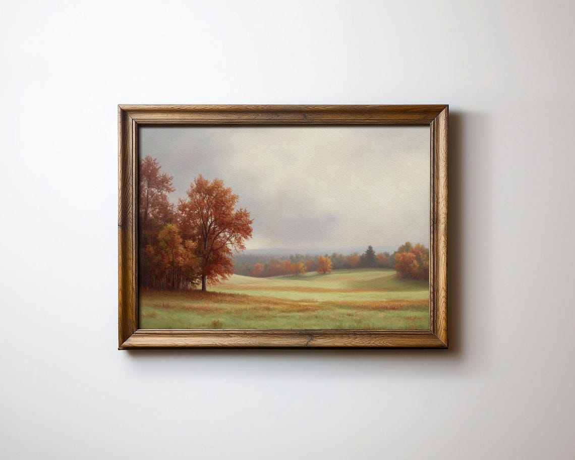 Muted Autumn Field with Rust Colored Trees Under a Hazy Sky Poster