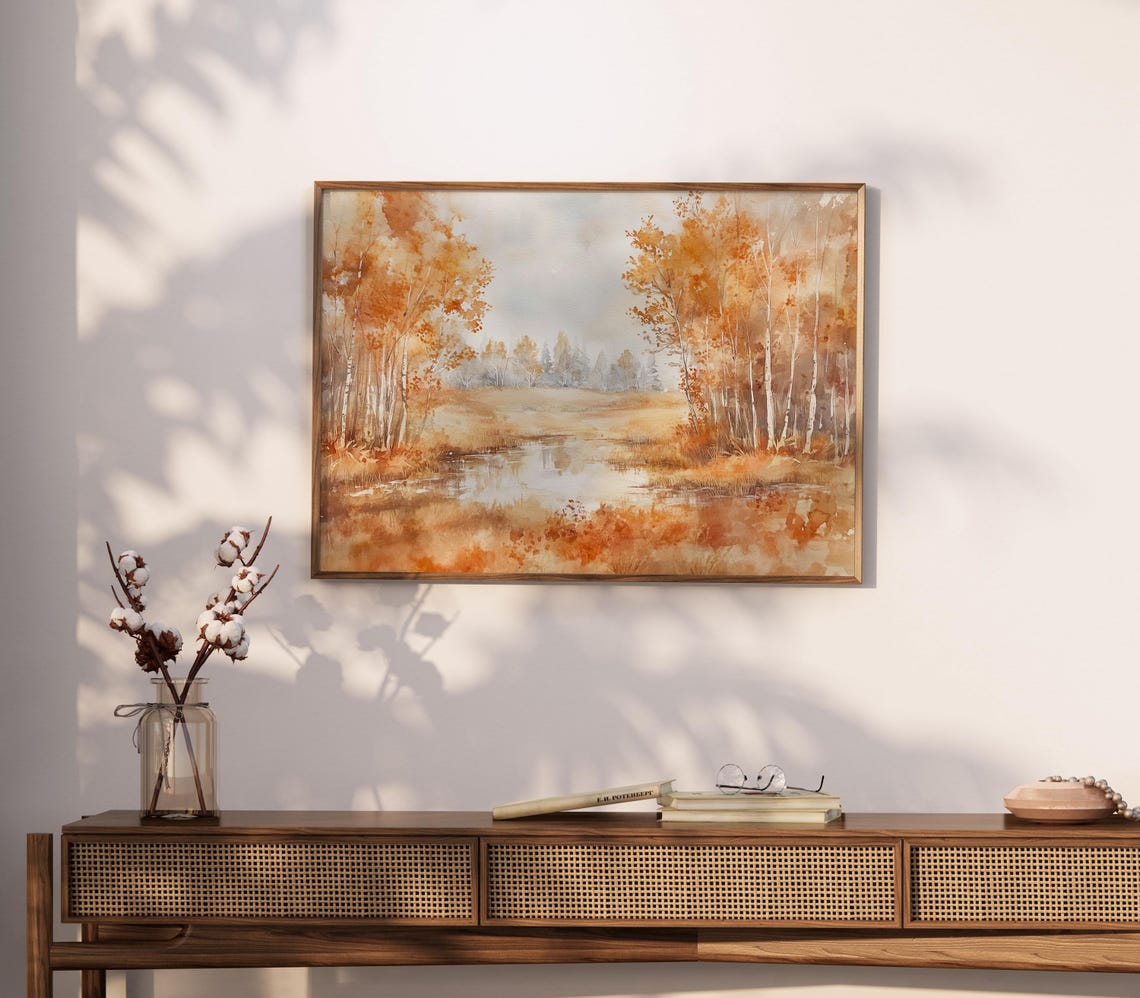 Golden Birch Trees Beside a Still Autumn Lake Watercolor Poster - Image 3