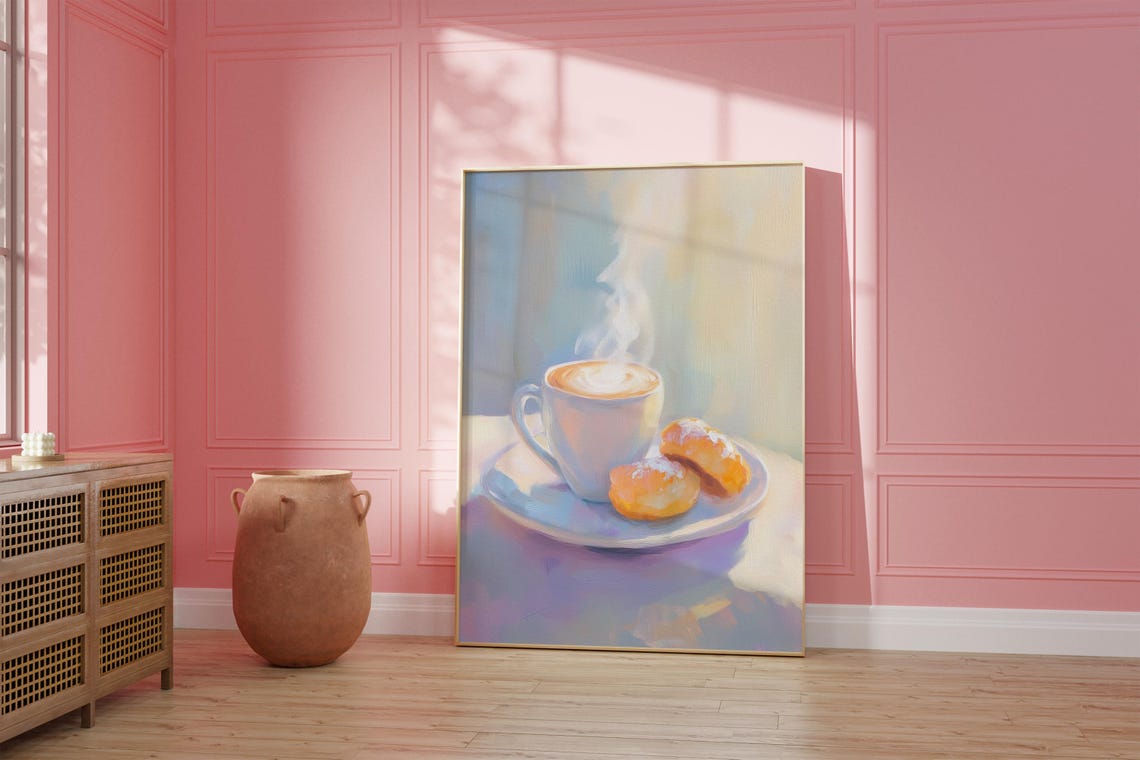 Pastel Coffee Cup with Croissants Watercolor Cafe Kitchen Poster - Image 2