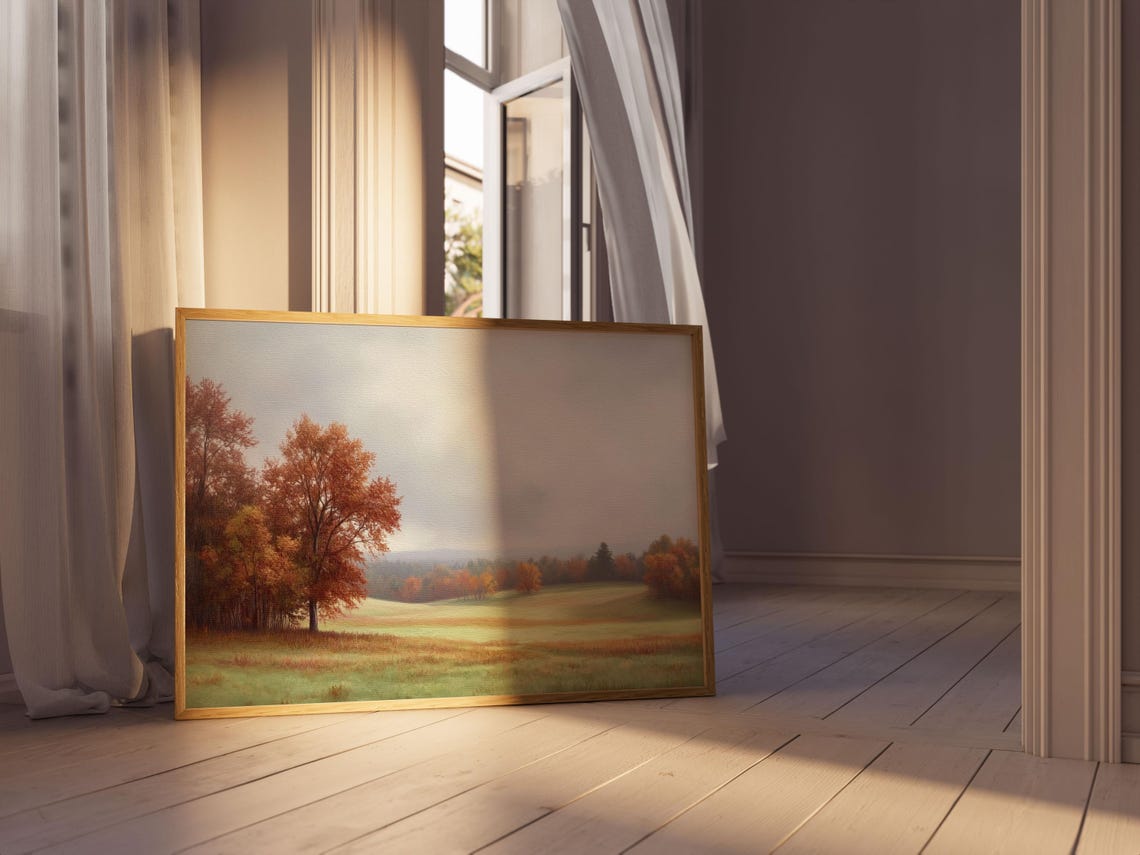 Muted Autumn Field with Rust Colored Trees Under a Hazy Sky Poster - Image 5