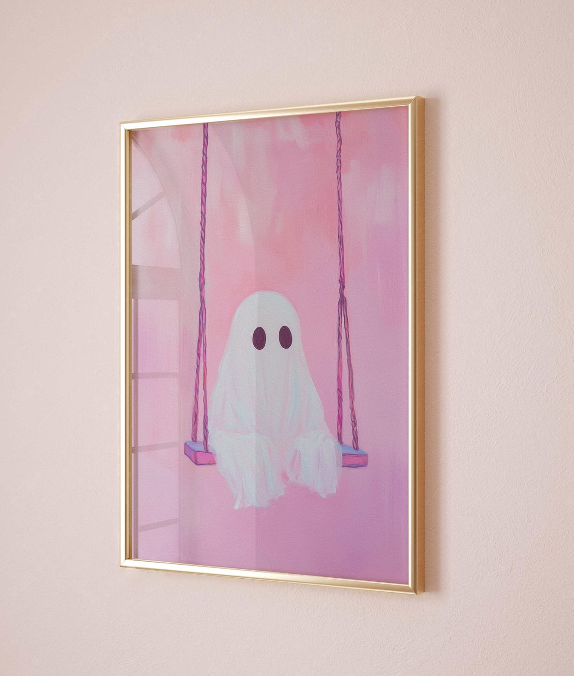 Cute Ghost Sitting on a Pink Swing Against a Pink Sky Painting Poster - Image 5