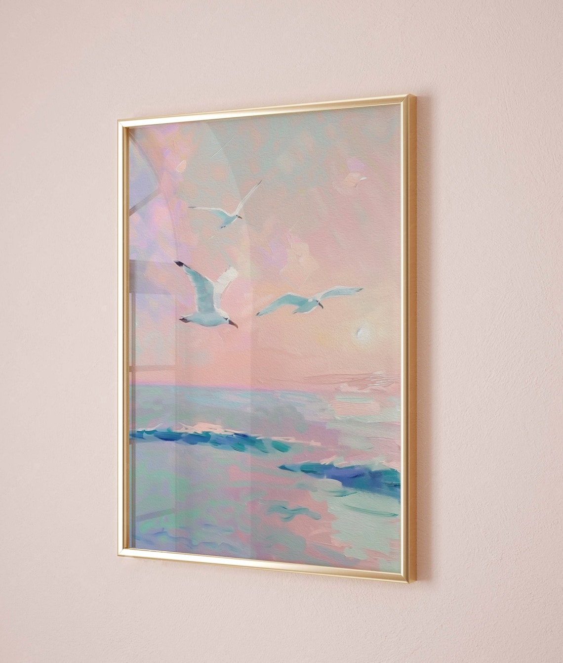 Pastel Seagulls Soaring Over Ocean Pink Sky Coastal Painting Poster - Image 5