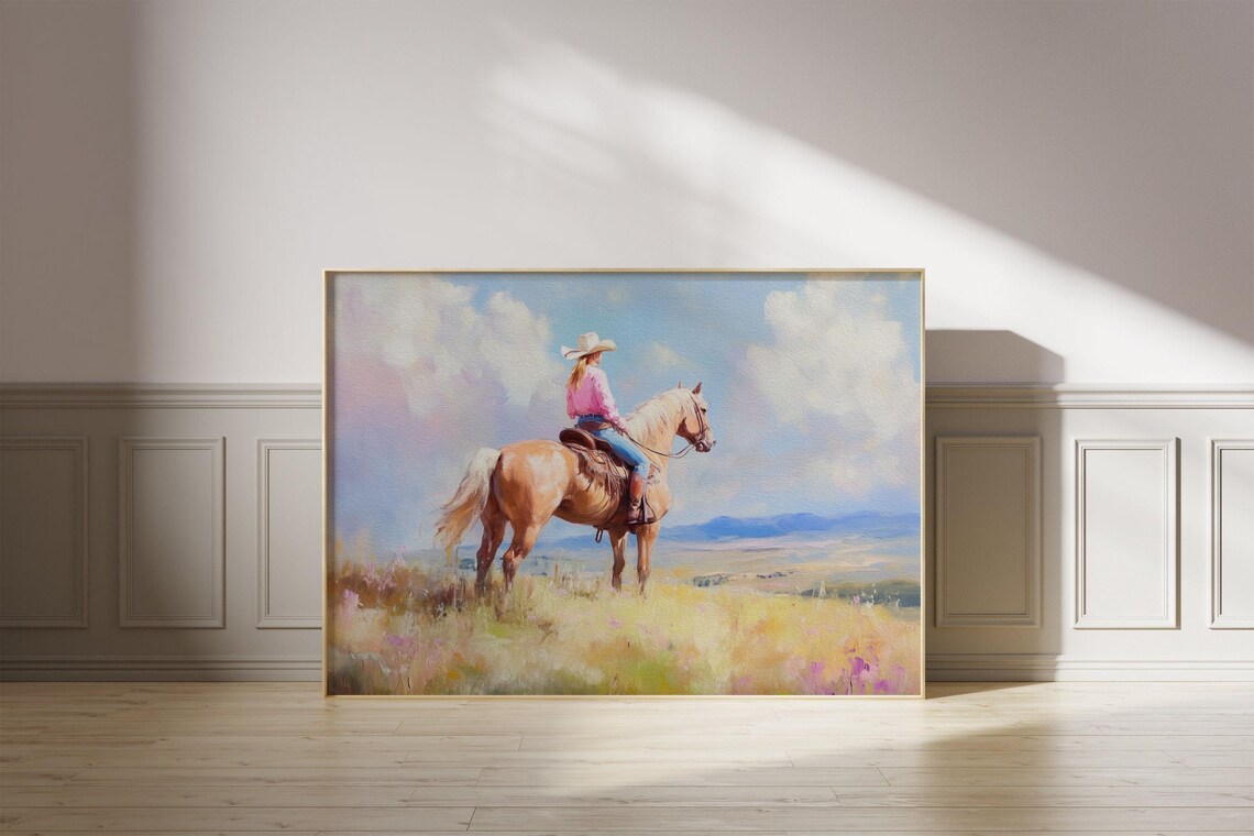 Cowgirl Riding a Palomino Horse Across a Sunny Prairie Poster - Image 5