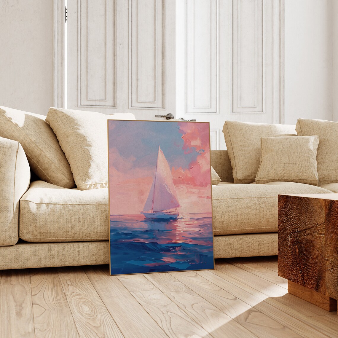 Pink Sunset Sailboat Oil Painting Coastal Beach House Decor Poster - Image 2