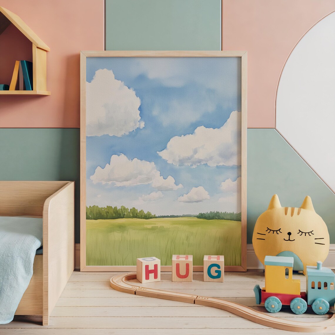 Watercolor Nursery Landscape Blue Sky Meadow Kids Room Wall Poster - Image 2