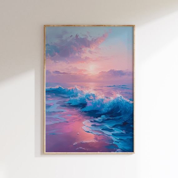 Pastel Pink Sunset Ocean Waves Impressionist Beach Painting Poster
