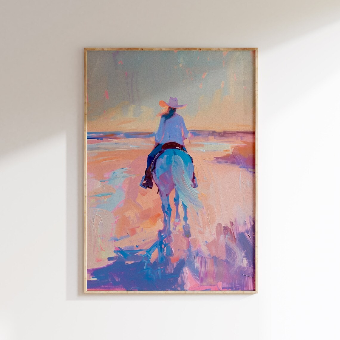 Cowgirl on Horseback Riding into a Pastel Beach Sunset Painting Poster
