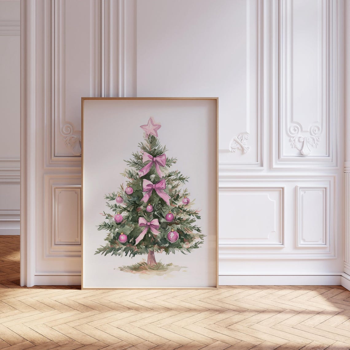 Pink Coquette Christmas Tree with Bows and Ornaments Painting Poster - Image 5
