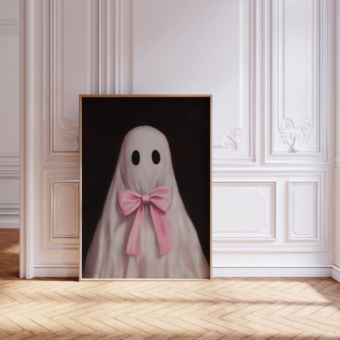 Cute Ghost with a Pink Bow on a Dark Background Painting Poster - Image 2