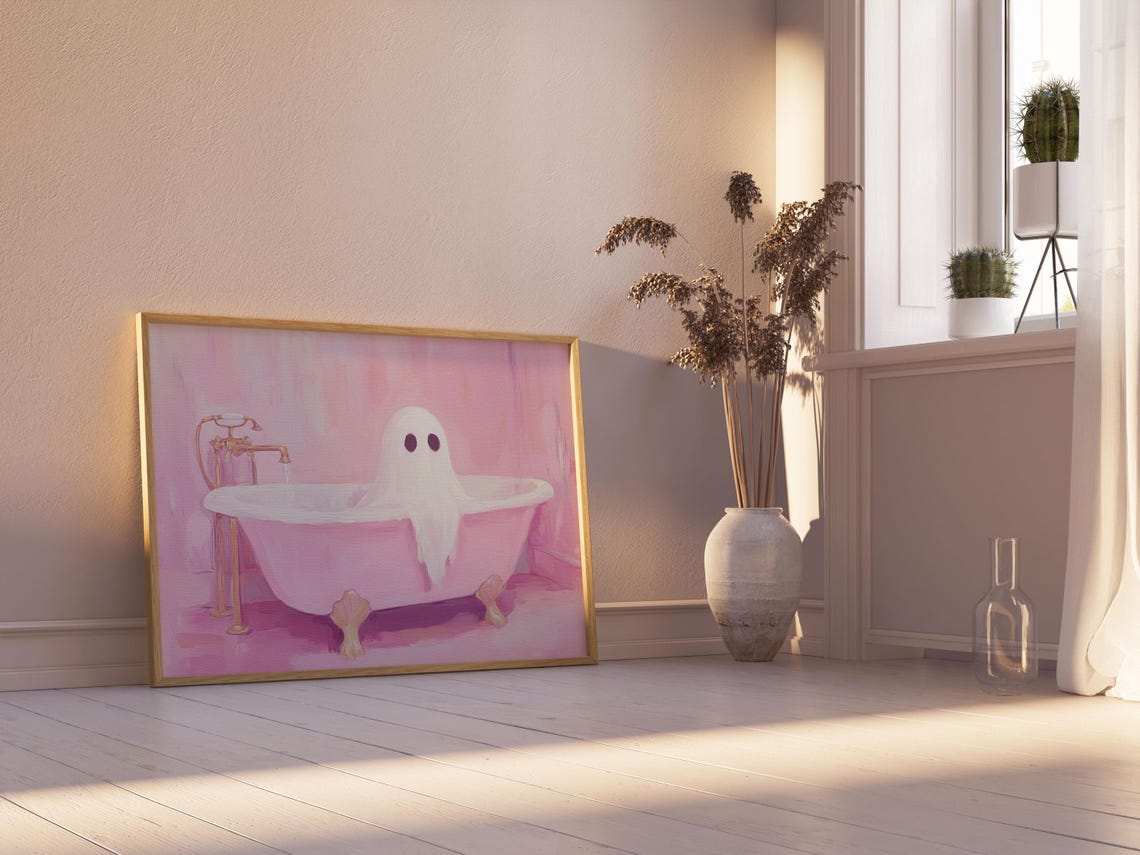 Cute Ghost Relaxing in a Pink Clawfoot Bathtub Painting Wall Art - Image 3