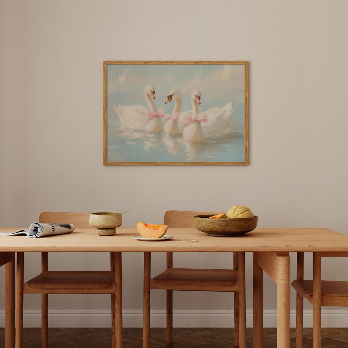 Three White Swans Wearing Pink Bows on Calm Water Painting Poster - Image 2