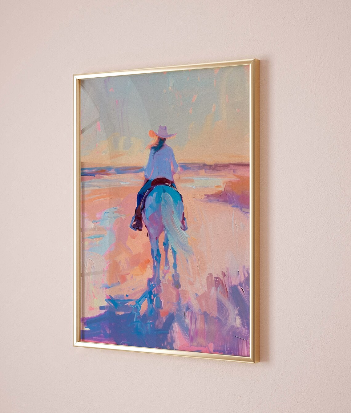 Cowgirl on Horseback Riding into a Pastel Beach Sunset Painting Poster - Image 4