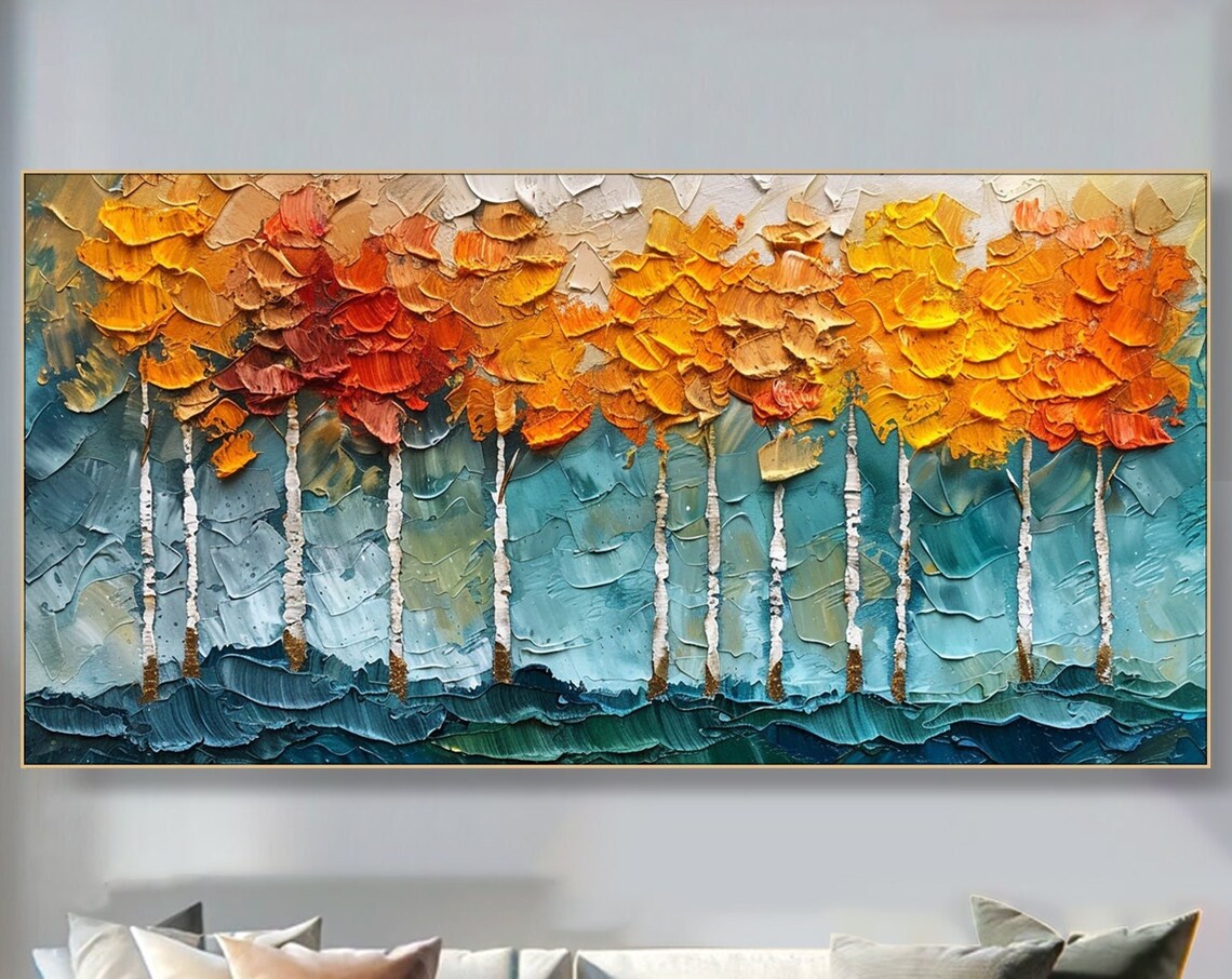Autumn Forest Oil Painting, Abstract Tree Landscape