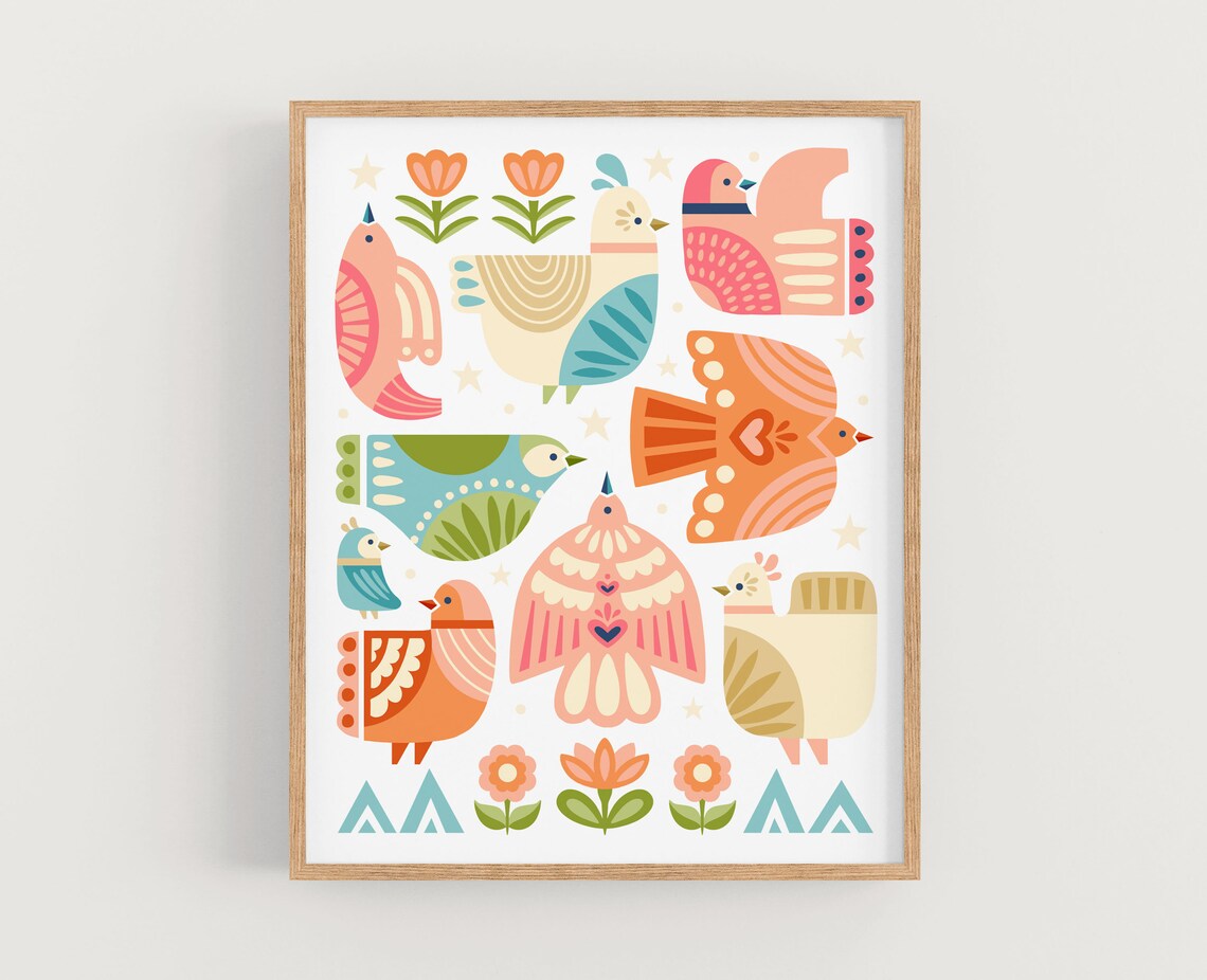 Folk Art Birds Art Print, Rustic Bird Home Decor