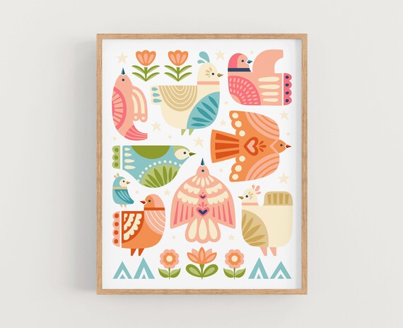 Folk Art Birds Art Print, Rustic Bird Home Decor