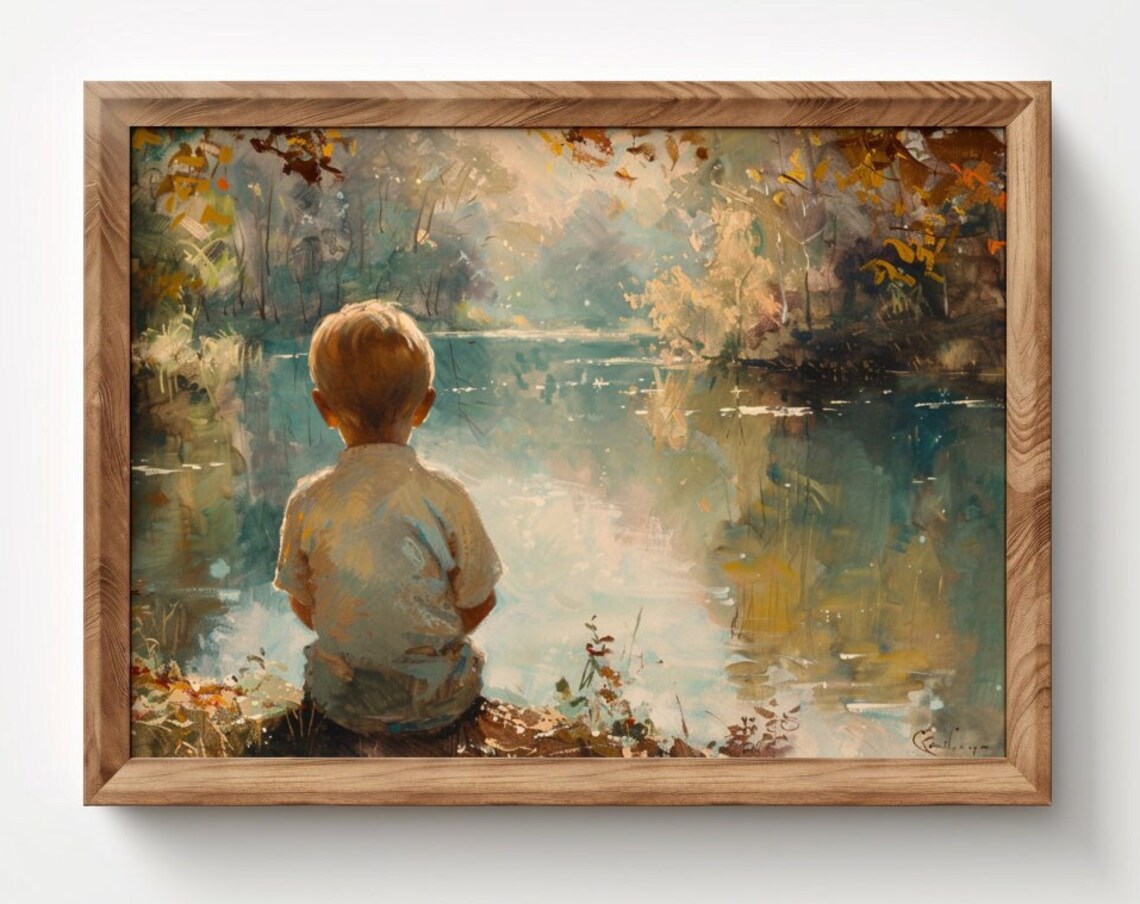 Boy by the Pond Vintage Impressionist Childhood Painting Poster - Image 2