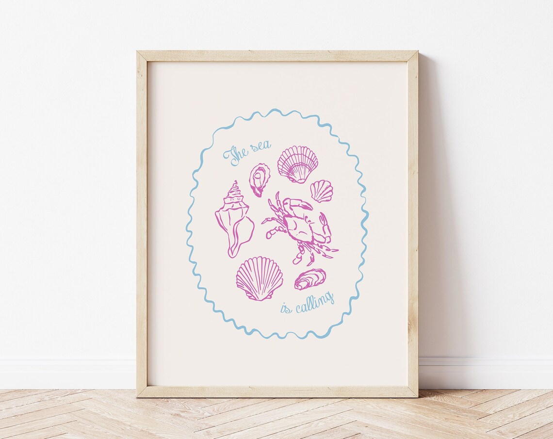 The Sea Is Calling Pink Shells Crab Vintage Coastal Line Art Poster