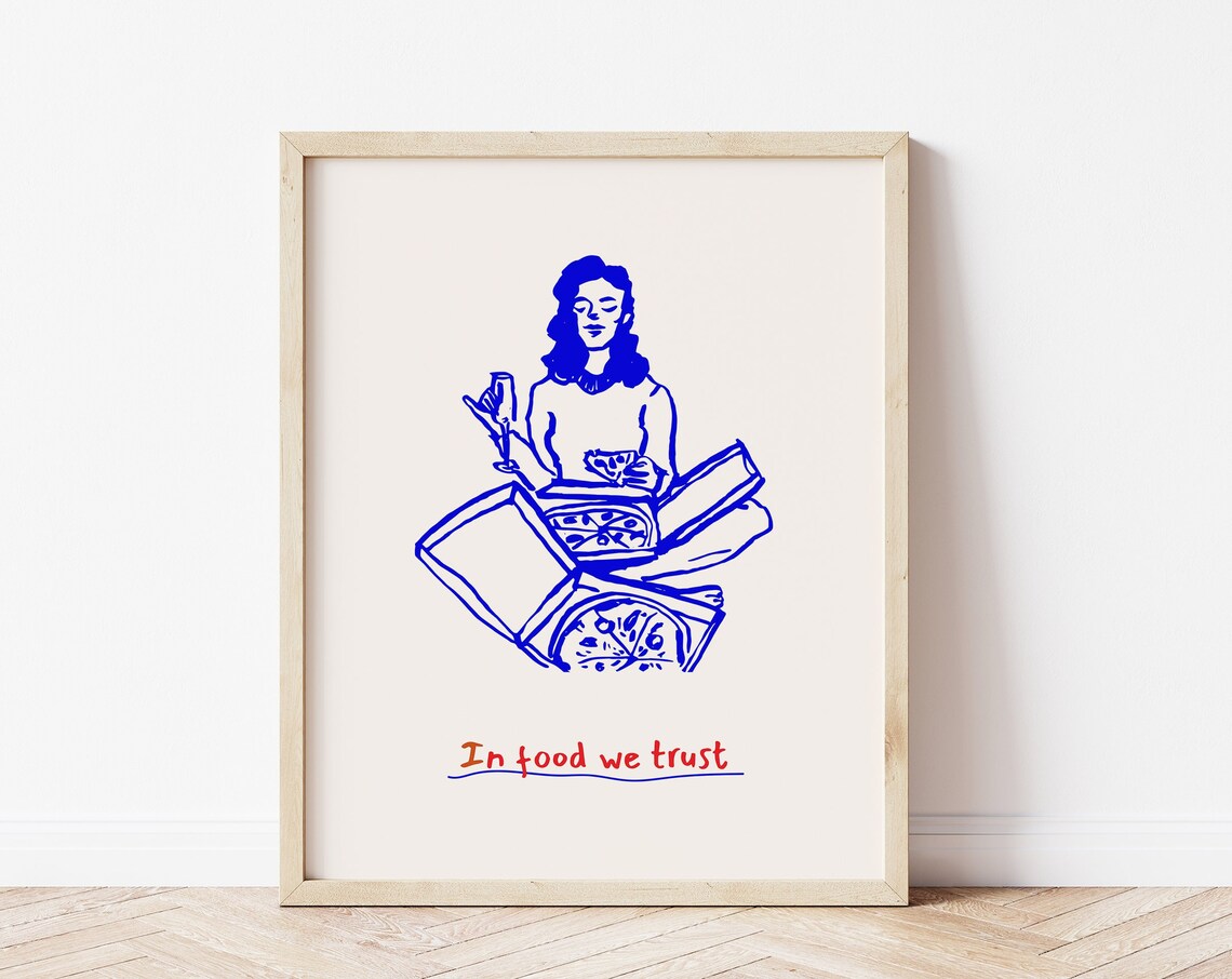 In Food We Trust Girl Eating Pizza Blue Line Kitchen Wall Art