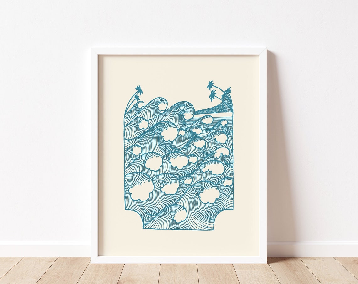 Teal Ocean Waves Line Art Japanese Surf Beach Illustration Print